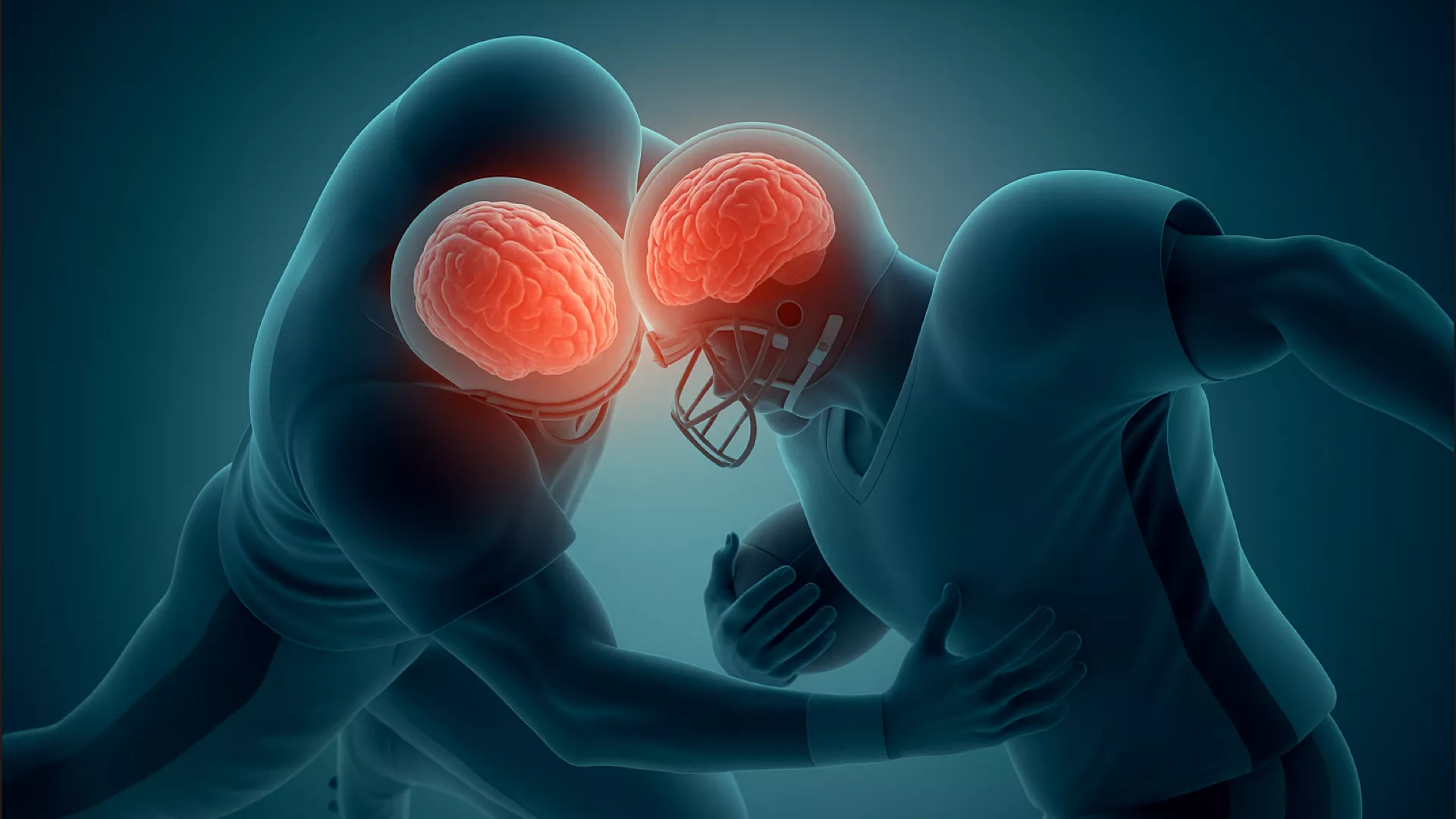 Two American football players collide helmet-to-helmet, with glowing illustrations of their brains highlighting the potential impact of head injuries and concussion.