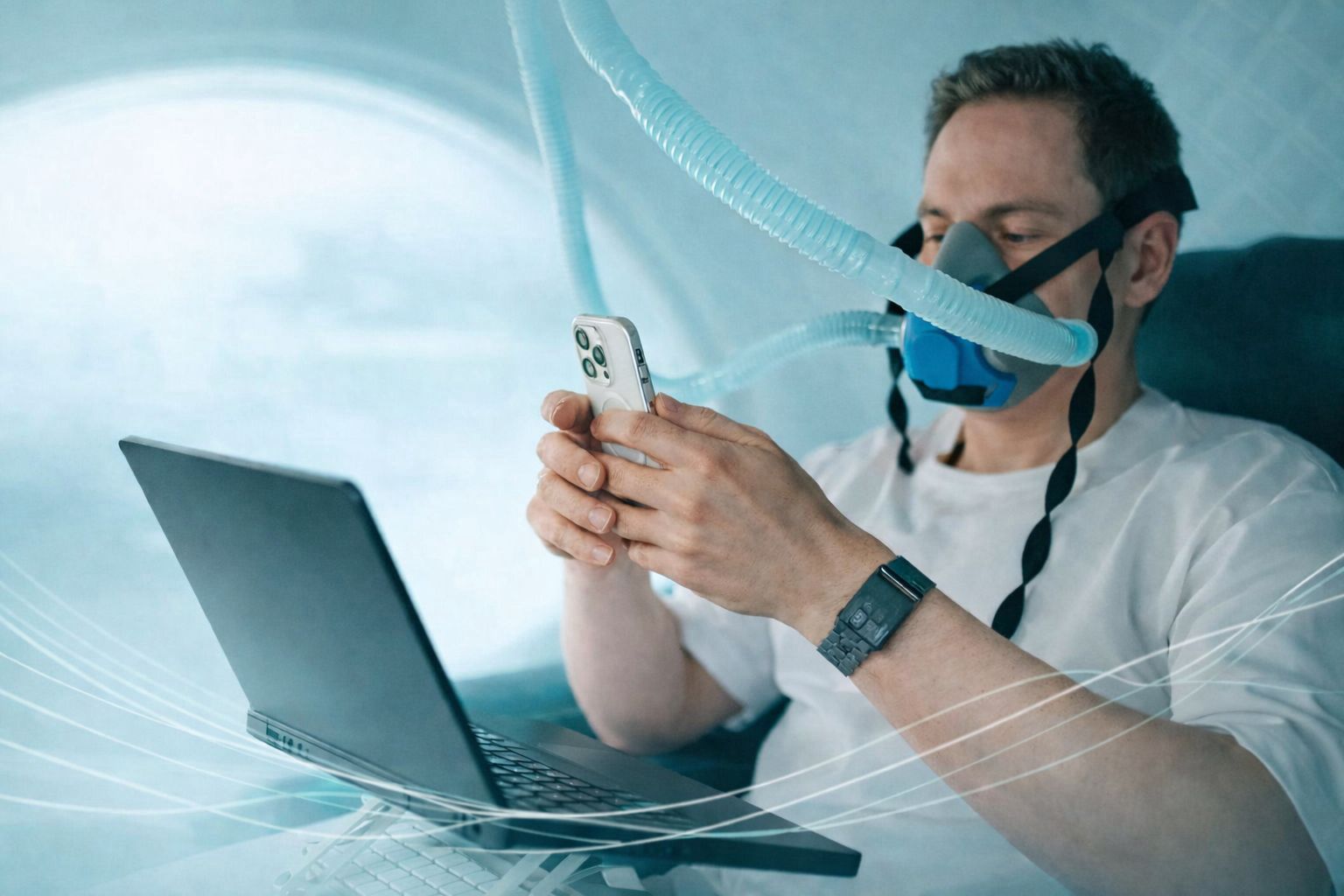 Patient using a smartphone and laptop while wearing an oxygen mask inside a hyperbaric chamber