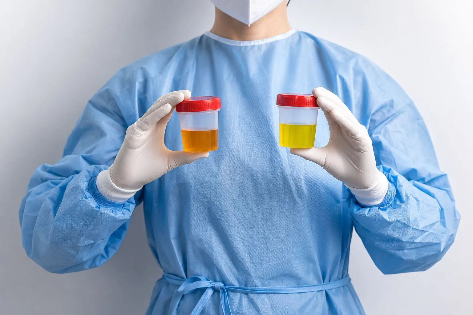 Healthcare worker in blue scrubs and gloves holding two urine sample containers with red lids, one darker orange and one lighter yellow, comparing sample colours.