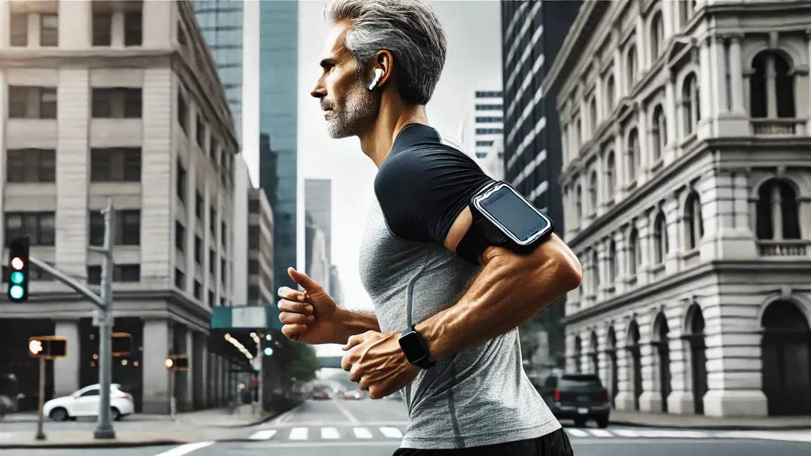 Grey-haired man running through a city while wearing fitness trackers