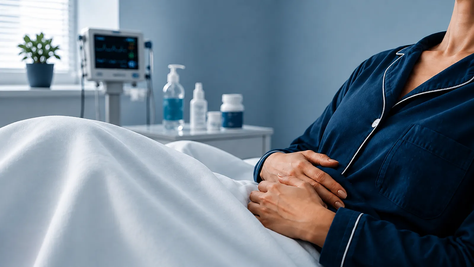 A woman in navy pajamas reclines on a bed with her hands resting over her abdomen, suggesting digestive discomfort, with wellness products visible on a bedside table in the background.