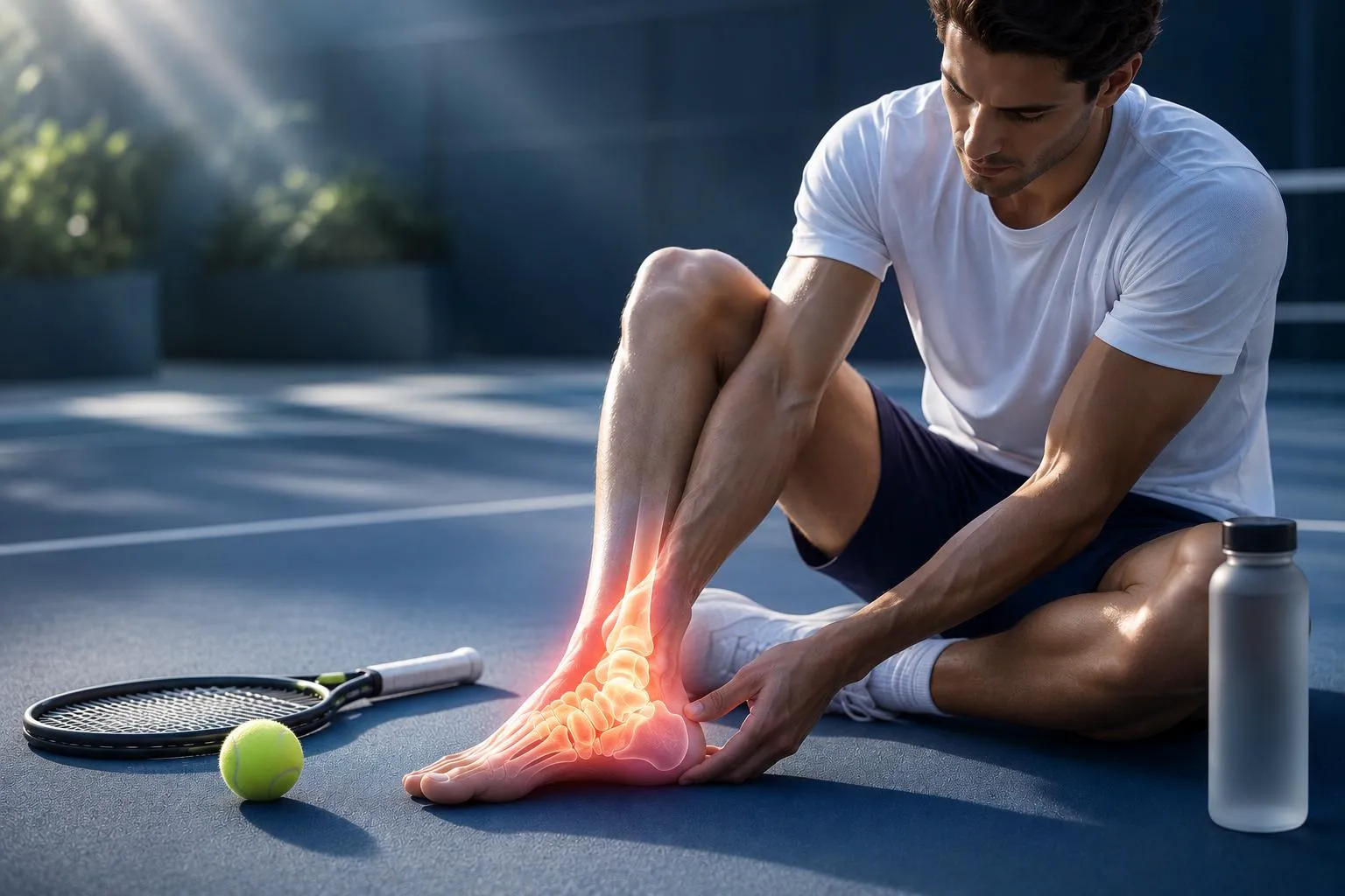 A man sitting on a tennis court holds his injured ankle, which is highlighted with a red glow and anatomical overlay. A tennis racket, ball and water bottle are beside him.